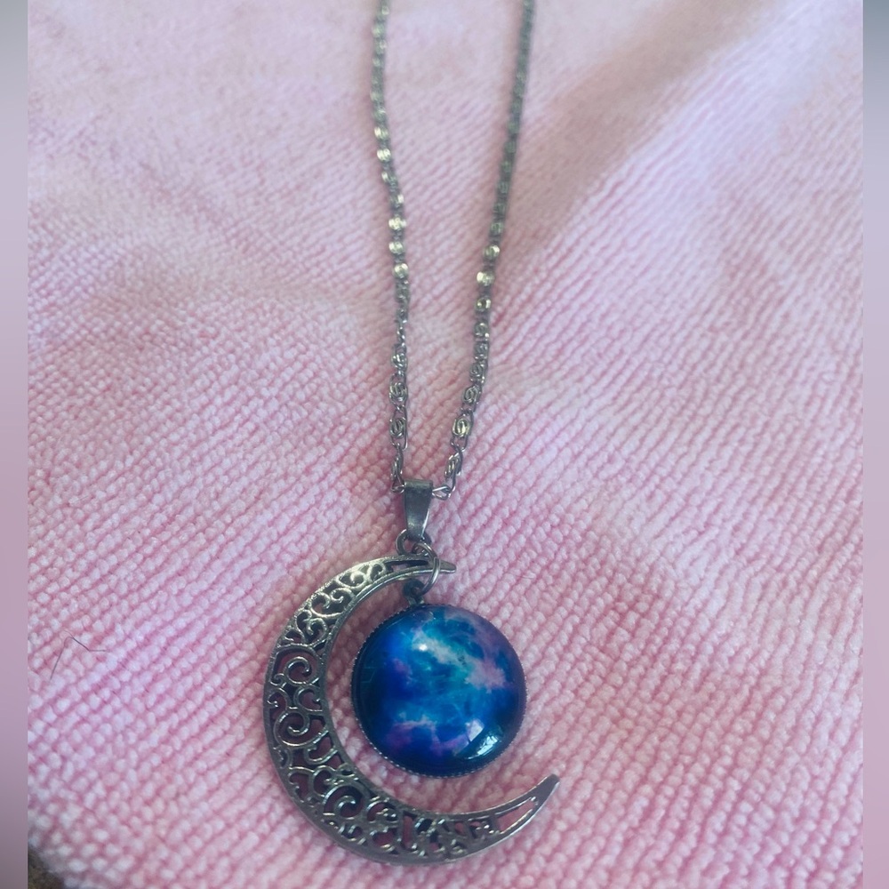 Silver tone and Blue Crescent Moon Pendant Necklace